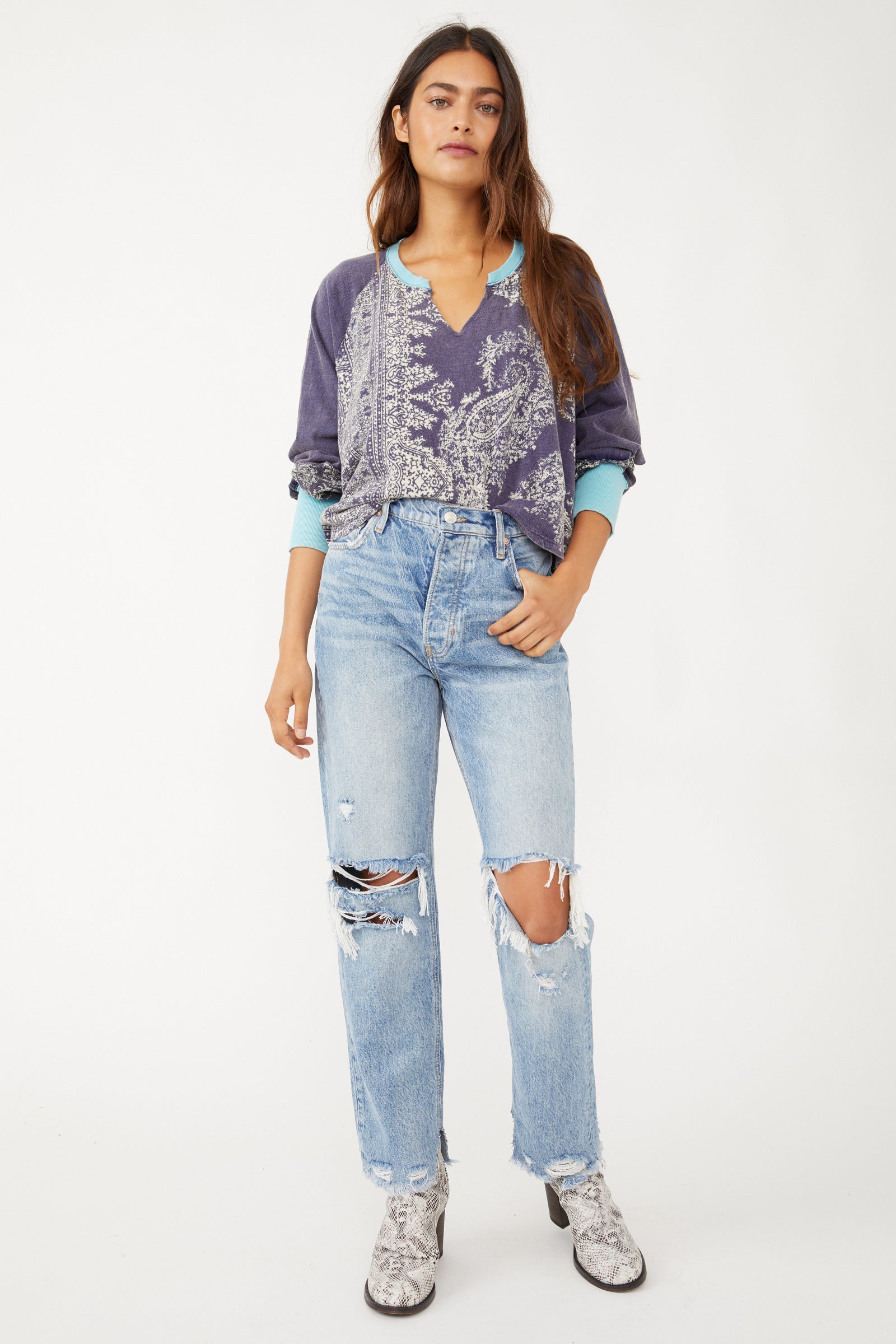Free People - Tapered Baggy Boyfriend Jeans / Mid Century Blue
