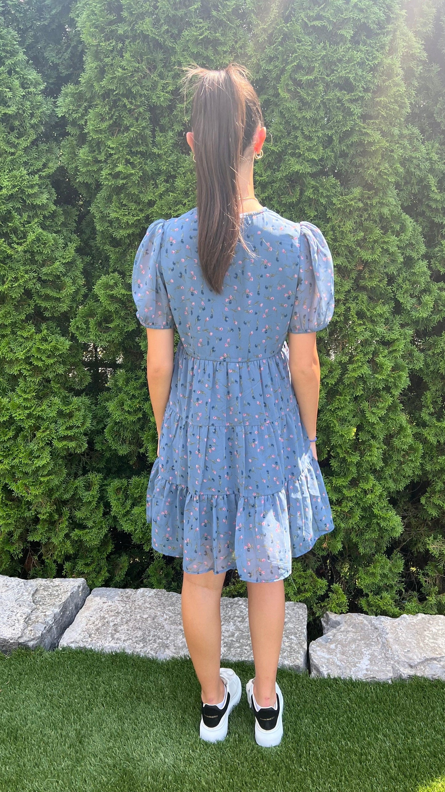 RD Style Avery Printed Georgette V-Neck Tiered Dress | Blue