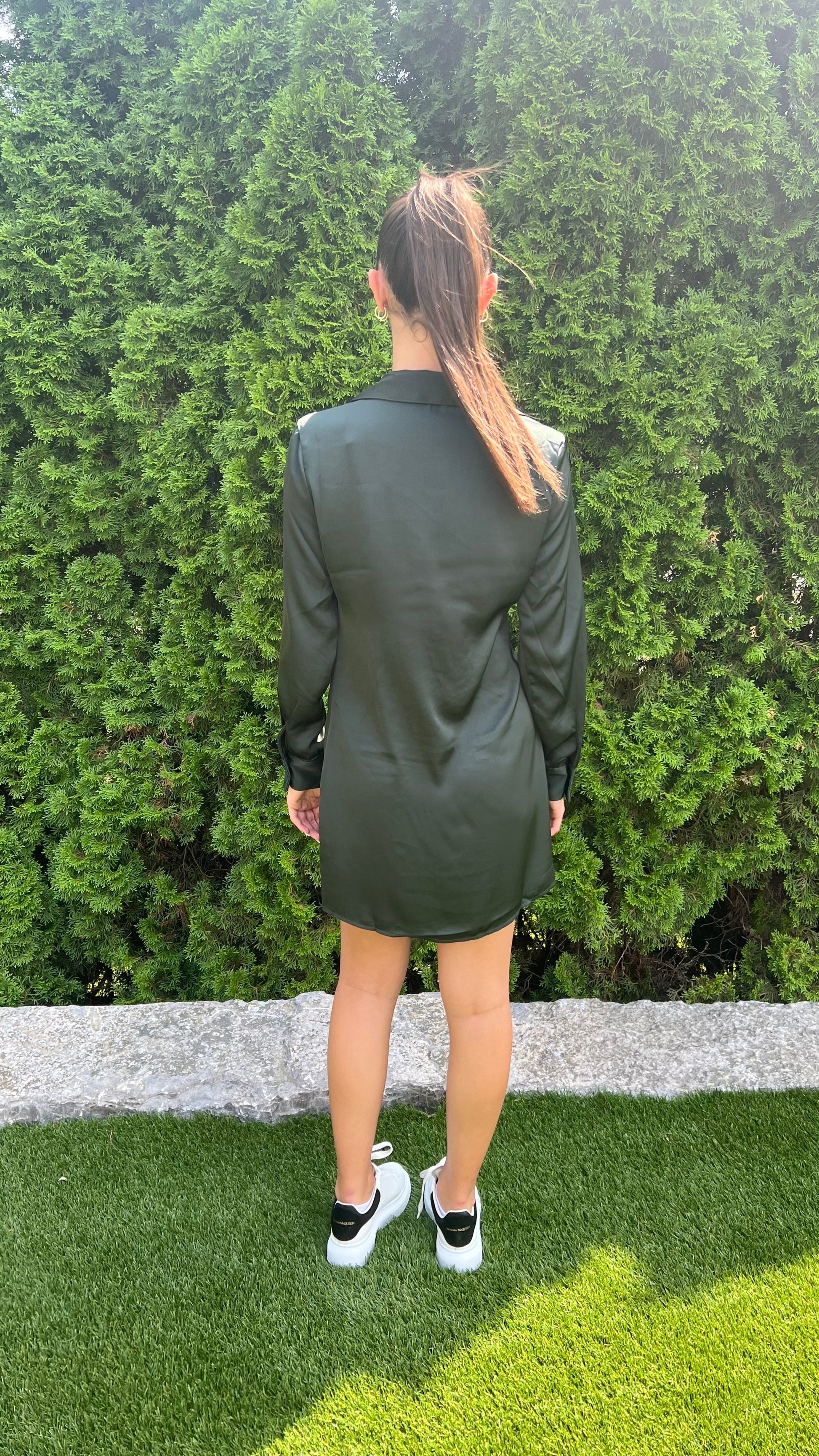 RD Style Riley Satin Ruched Front Dress | Vine Green